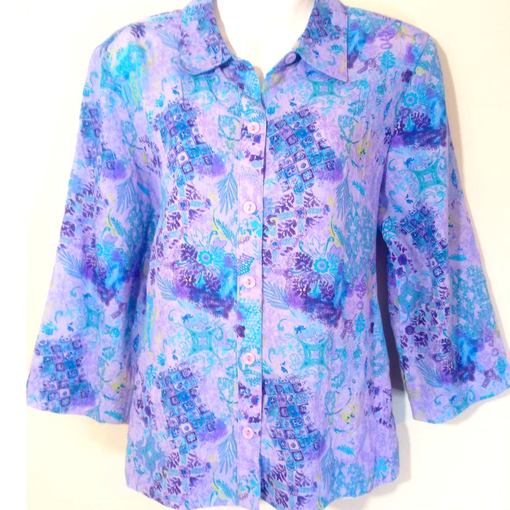 Christopher & Banks Women Size M Purple Blue Boho 3/4 Sleeve Button Up Top - Picture 1 of 7